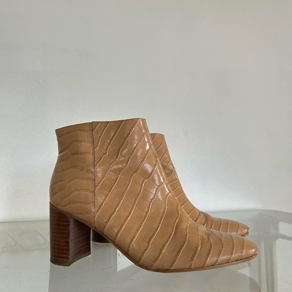 Tan and brown croc print leather ankle boots with a block heel